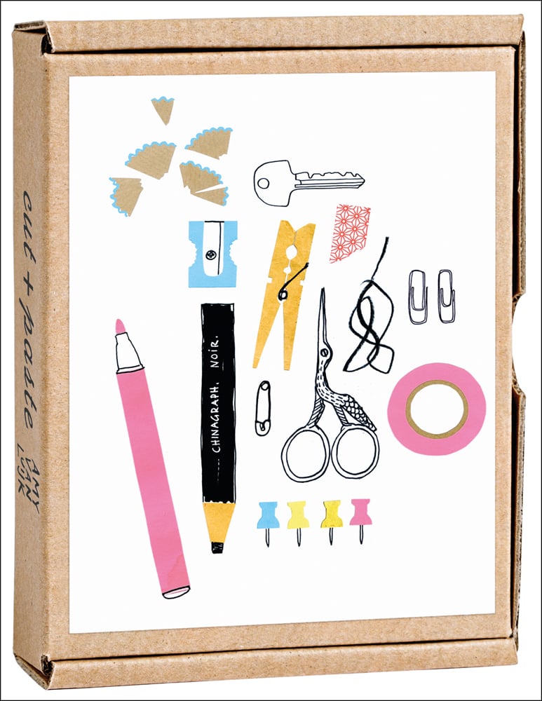 Amy van Luijk's collage design of desk stationery, on notecard box, by teNeues Stationery.