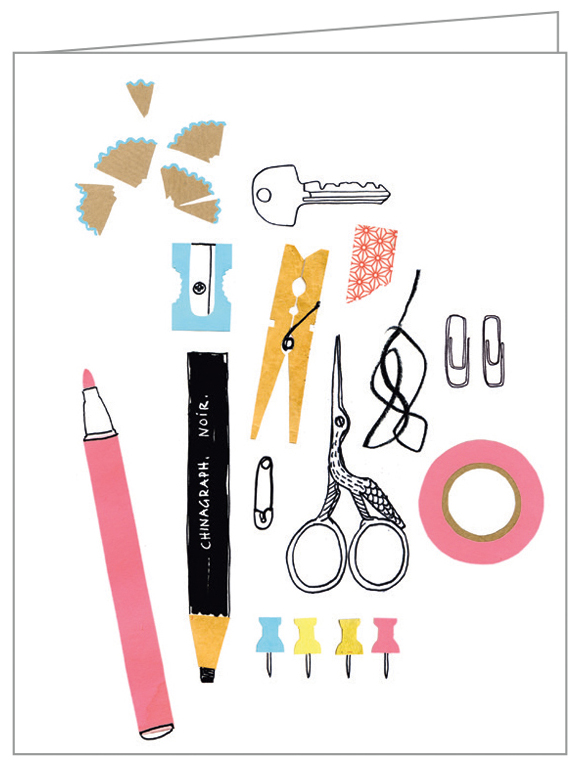 Amy van Luijk's collage design of desk stationery, on notecard box, by teNeues Stationery.