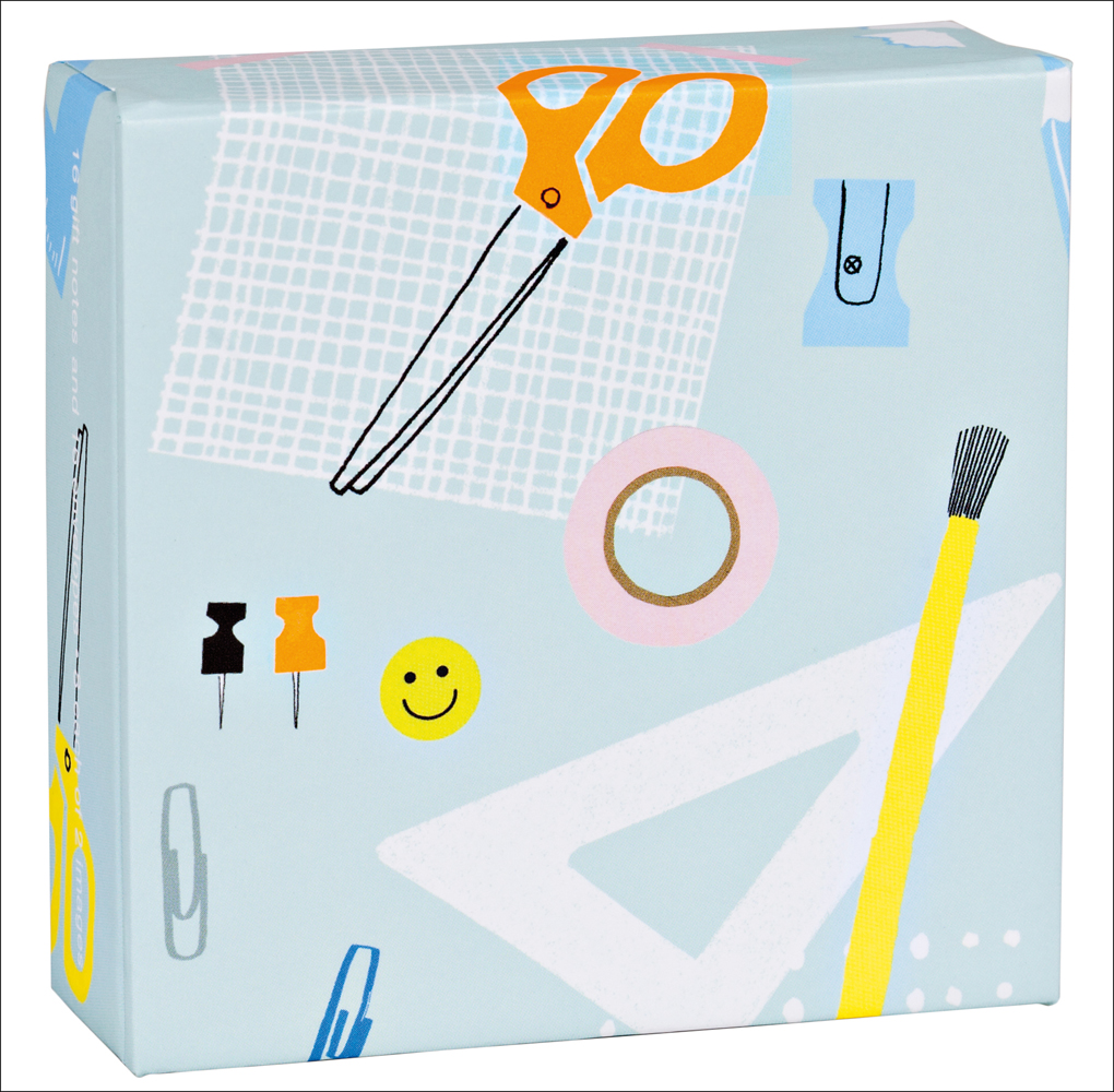 Light blue cover with colour stationery illustrations of paint brush, scissors, tape, pins, sharpener and paperclips