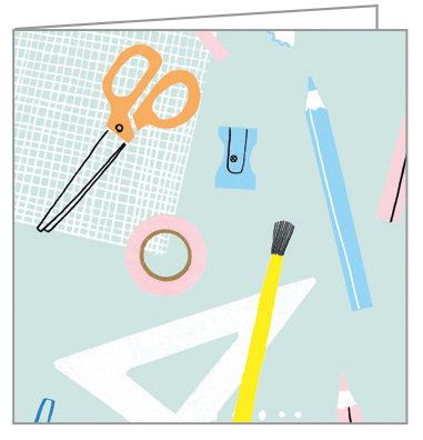 Light blue cover with colour stationery illustrations of paint brush, scissors, tape, pins, sharpener and paperclips