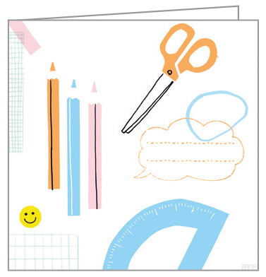Amy van Luijk's collage design of scissors, paperclips, pencils and paint tubes, to notecard, by teNeues Stationery.