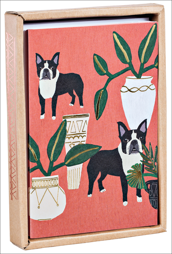 Coral cover with 2 black and white French bulldogs standing amongst 3 large white and gold vases and one black containing green exotic foliage