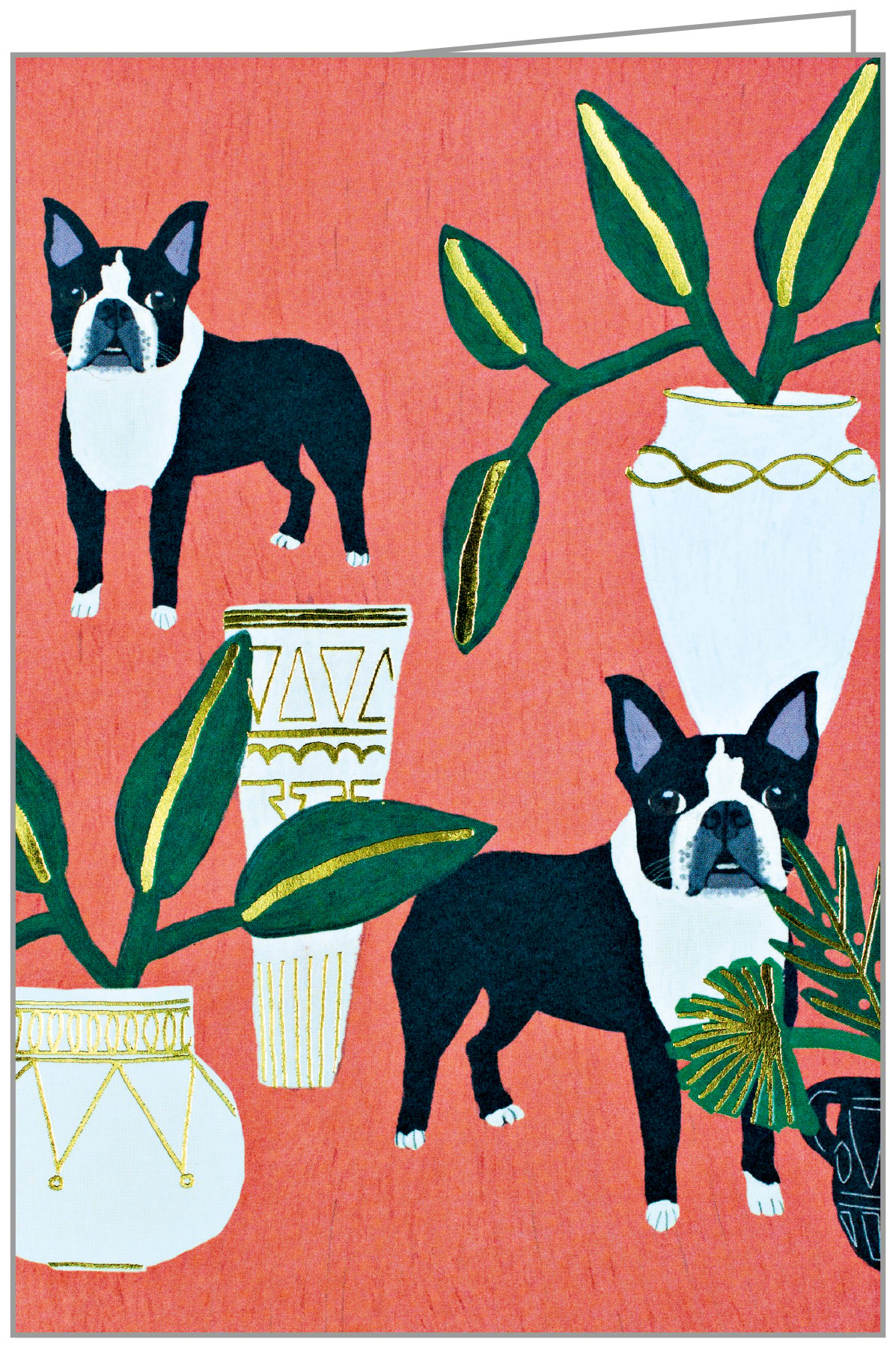 Anne Bentley’s Boston Terriers and green foliage in vases design, to notecard, by teNeues Stationery.