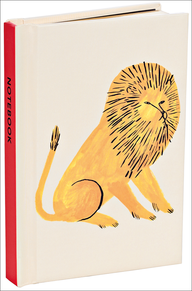 Beige cover with a gold and black sketchy illustration of a lion sitting down with tail in the air