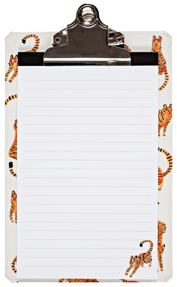 White sheet of dotted line paper on off-white clipboard with orange and black tiger illustrations in various poses