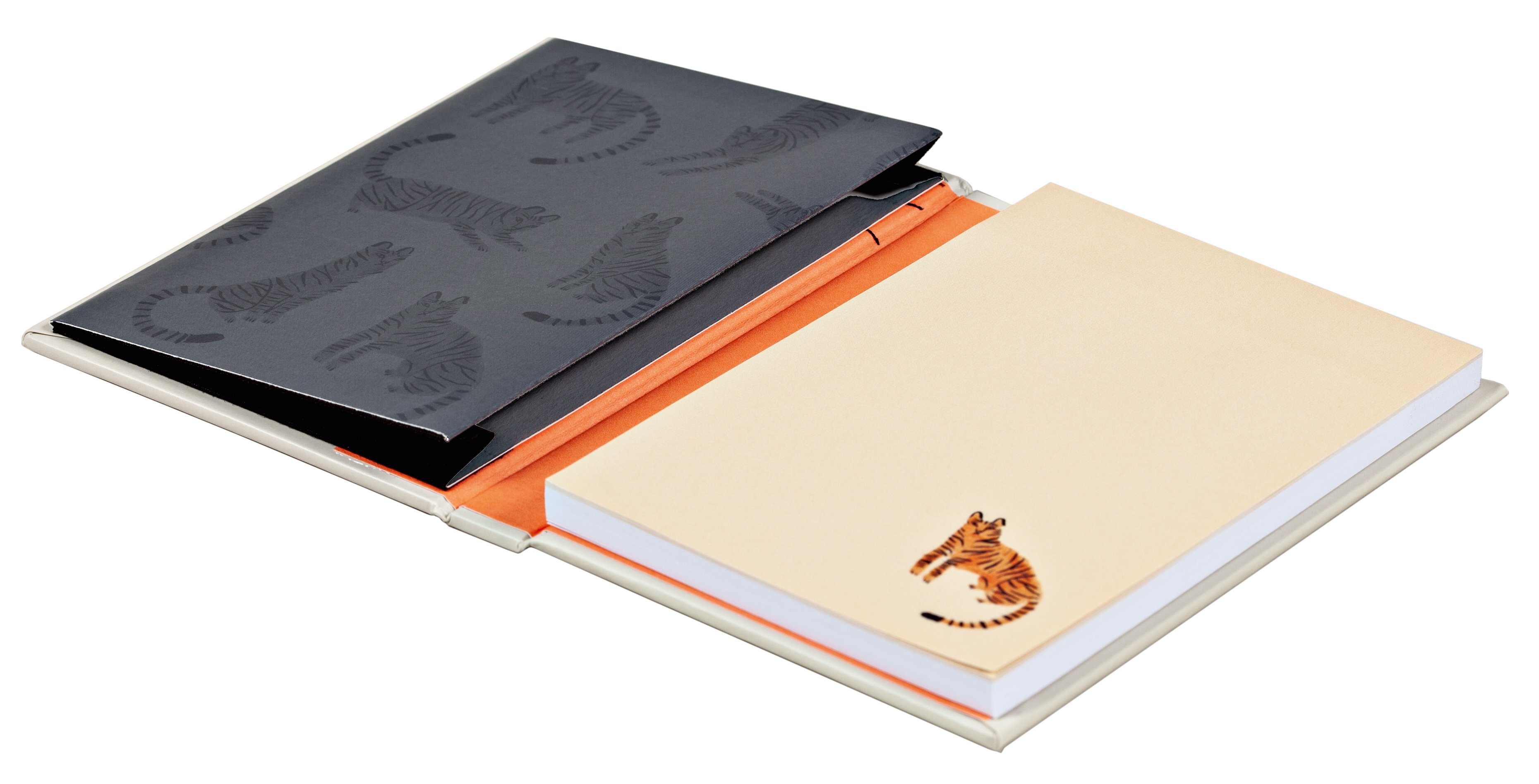 Jen Collins's design of tiger stretching, to notebook cover, by teNeues Stationery.