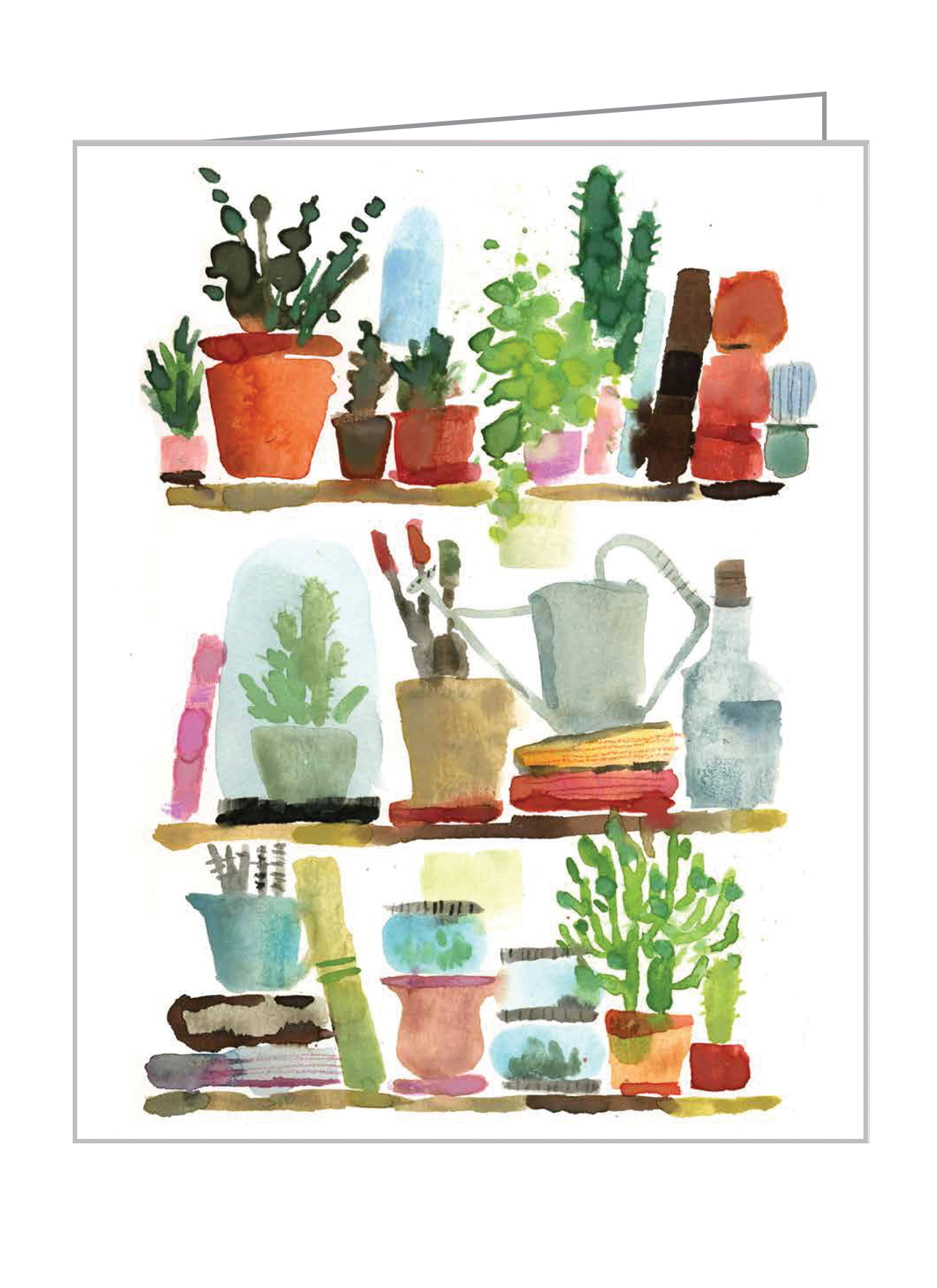 Maria Carluccio's design of shelves full of potted plants and books, on notecard box, teNeues Stationery.
