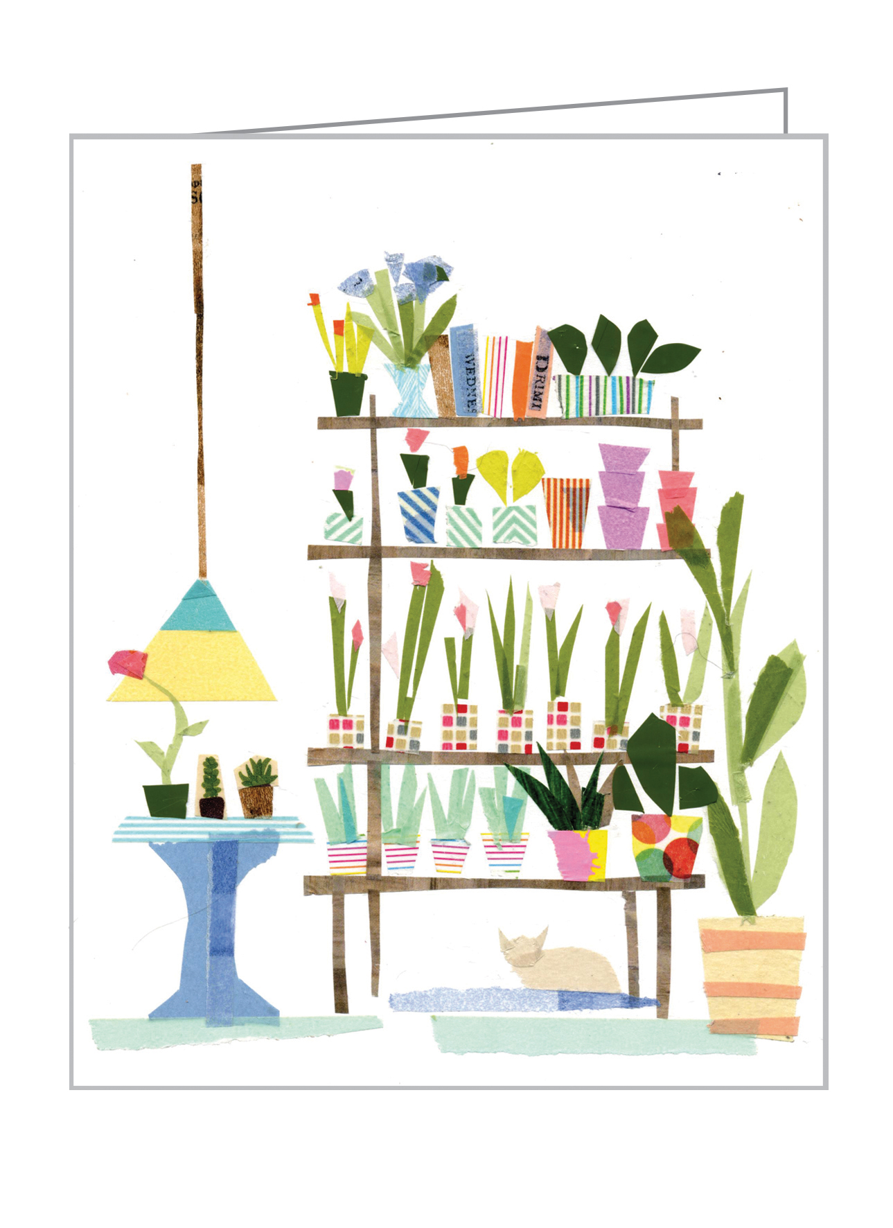 Maria Carluccio's design of shelves full of potted plants and books, on notecard box, teNeues Stationery.
