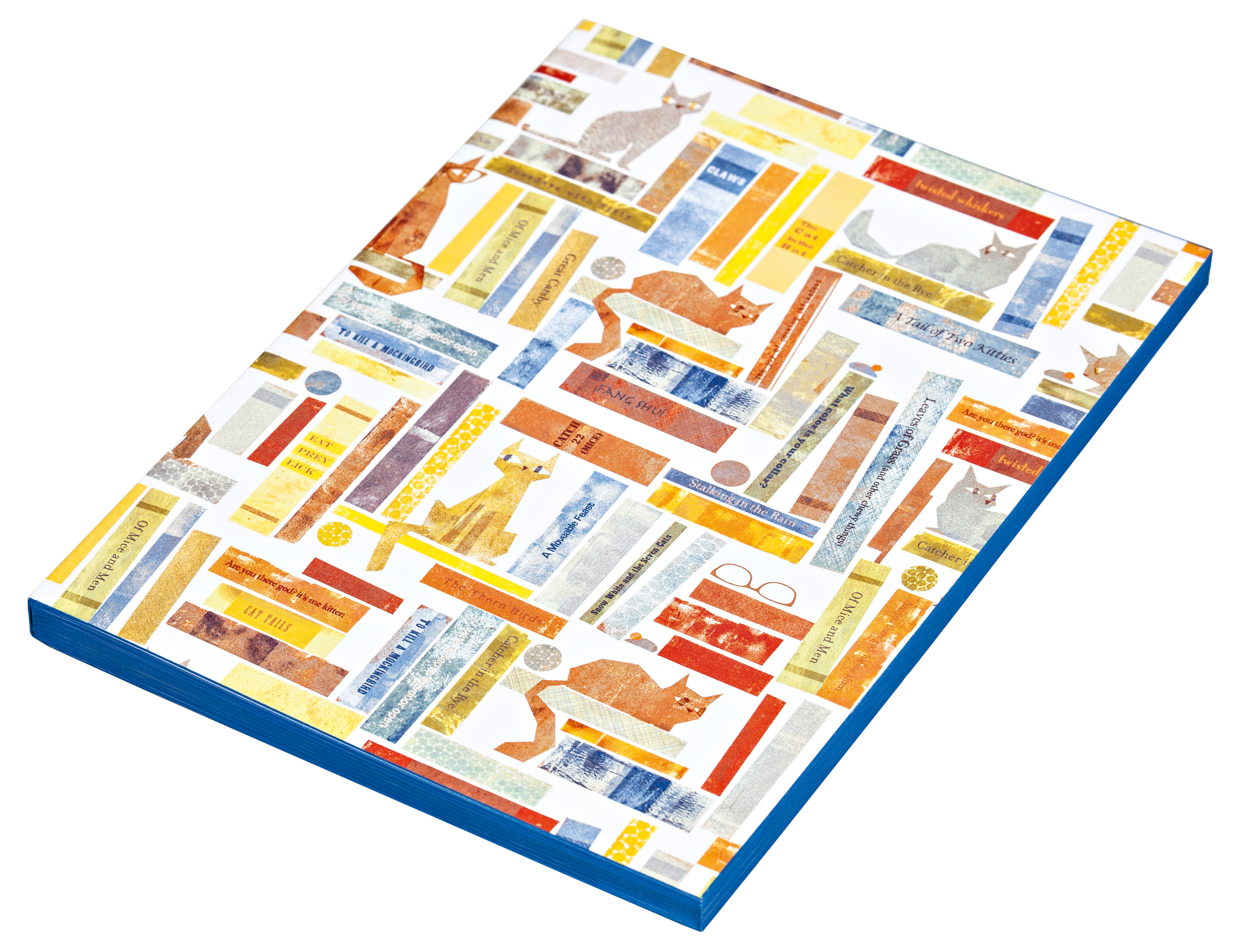 Maria Carluccio's cats perched on shelves full of books, on notebook cover, by teNeues Stationery.