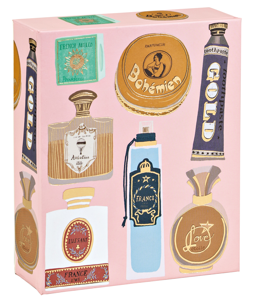 Anisa Makhoul's Belle Époque design with perfume bottles, to notecard, by teNeues Stationery.