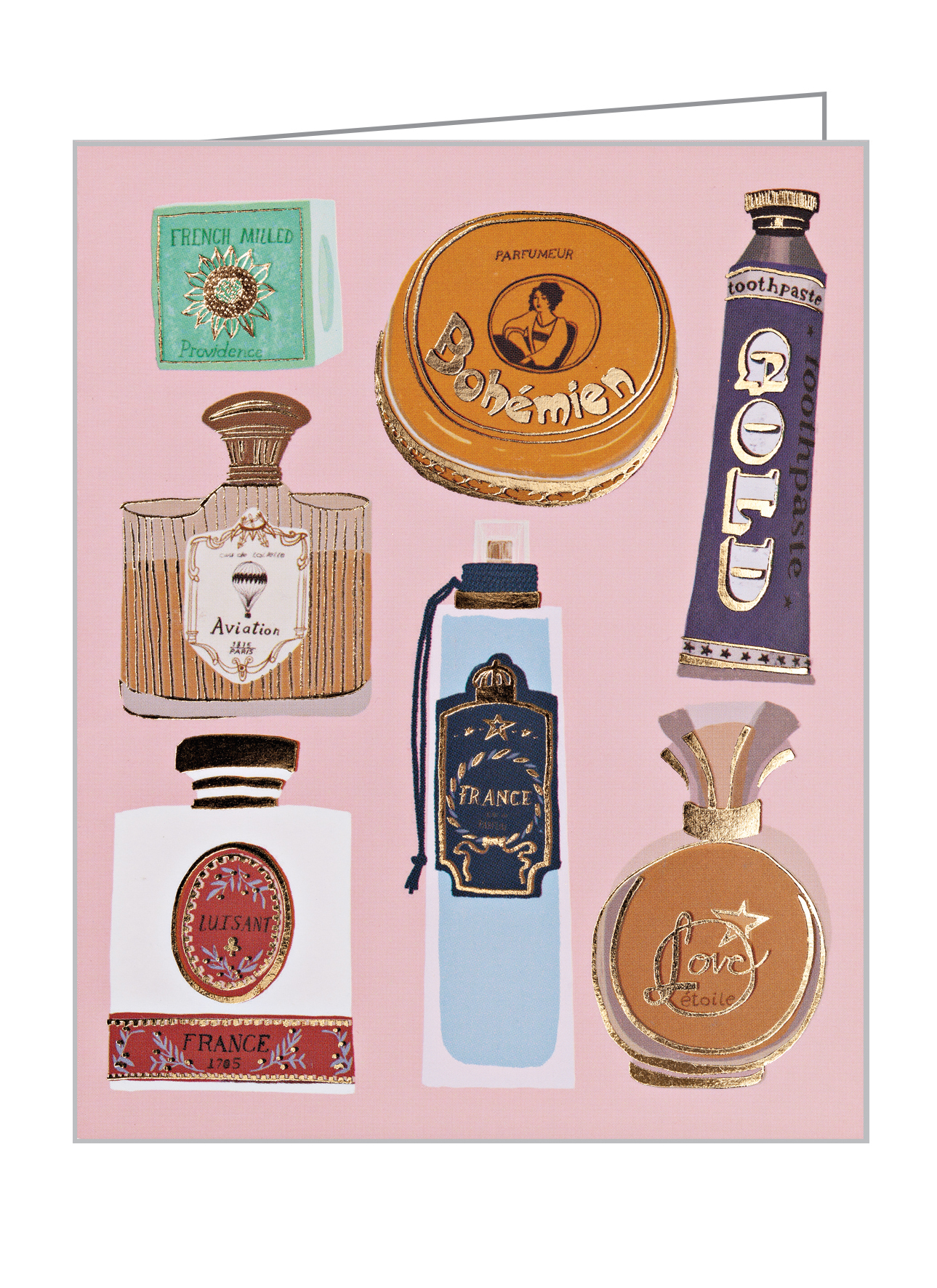 Anisa Makhoul's Belle Époque design with perfume bottles, to notecard, by teNeues Stationery.