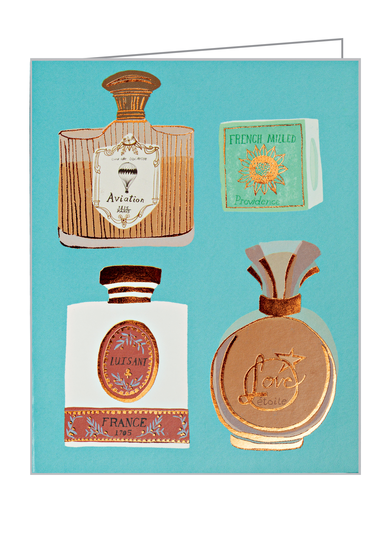 Anisa Makhoul's Belle Époque design with perfume bottles, to notecard, by teNeues Stationery.