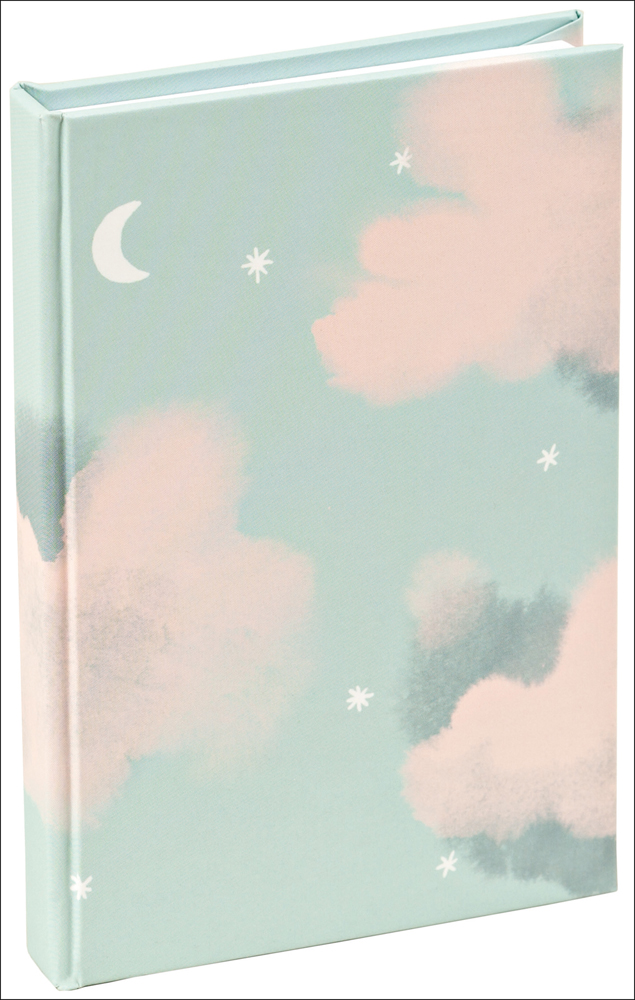 Light blue and pink cloudy night sky with small stars and a crescent moon