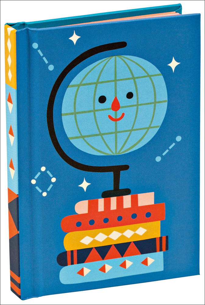 Blue cover featuring a colour graphic illustration of a smiley faced world globe sitting on a stack of books with white stars above