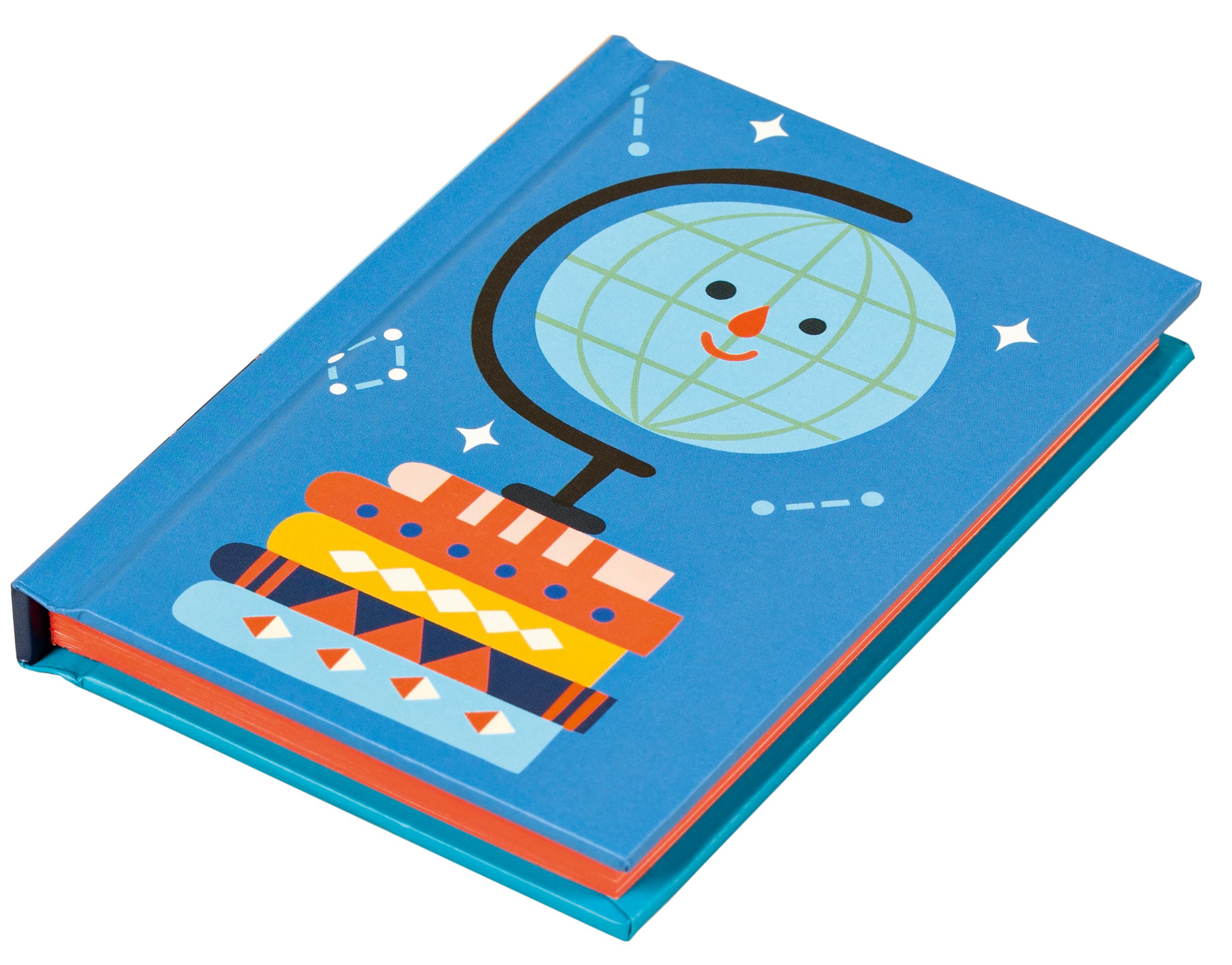 Blue cover featuring a colour graphic illustration of a smiley faced world globe sitting on a stack of books with white stars above
