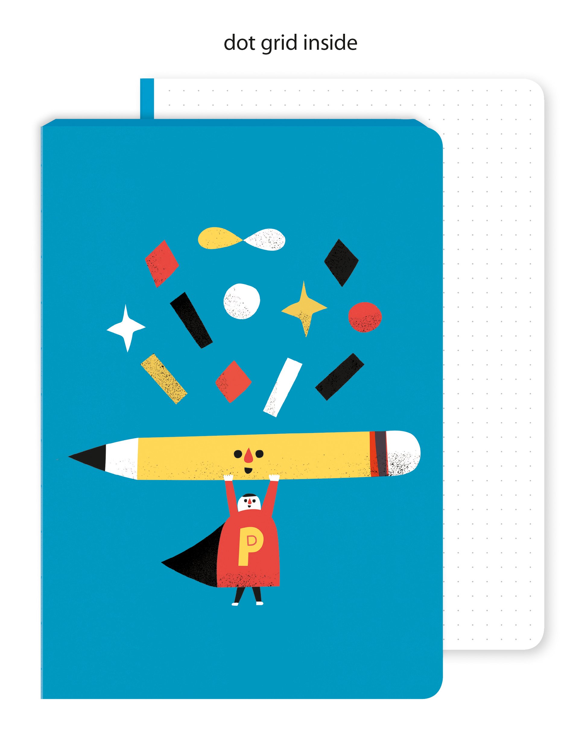 Bright blue cover with a bold cut-out illustration of caped figure holding a large pencil above head with small coloured shapes above