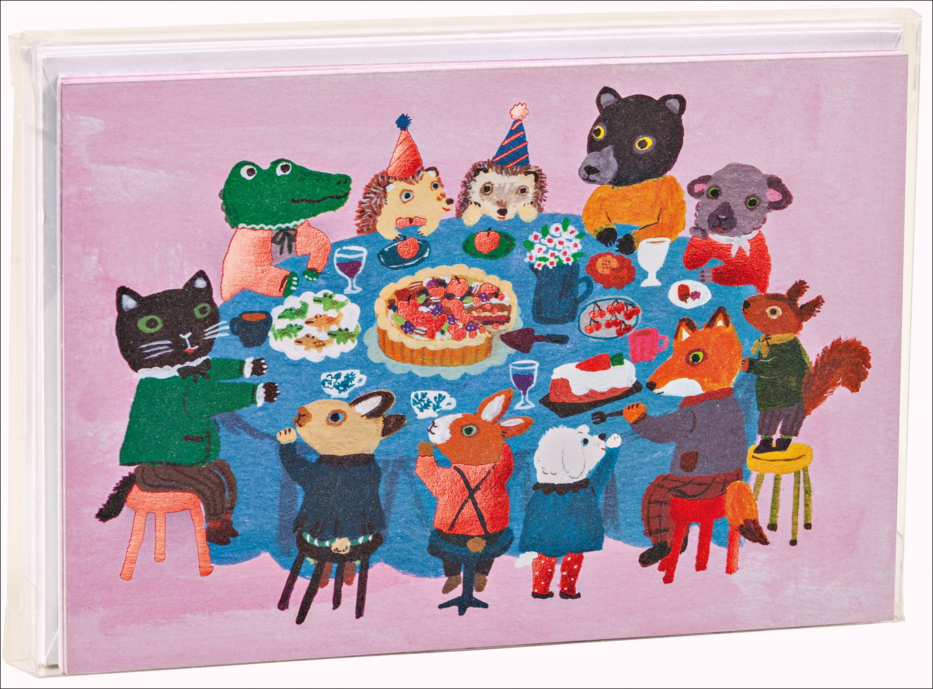 Yumi Kitagishi's sweet illustration of animal teaparty, on notecard, by teNeues stationery.