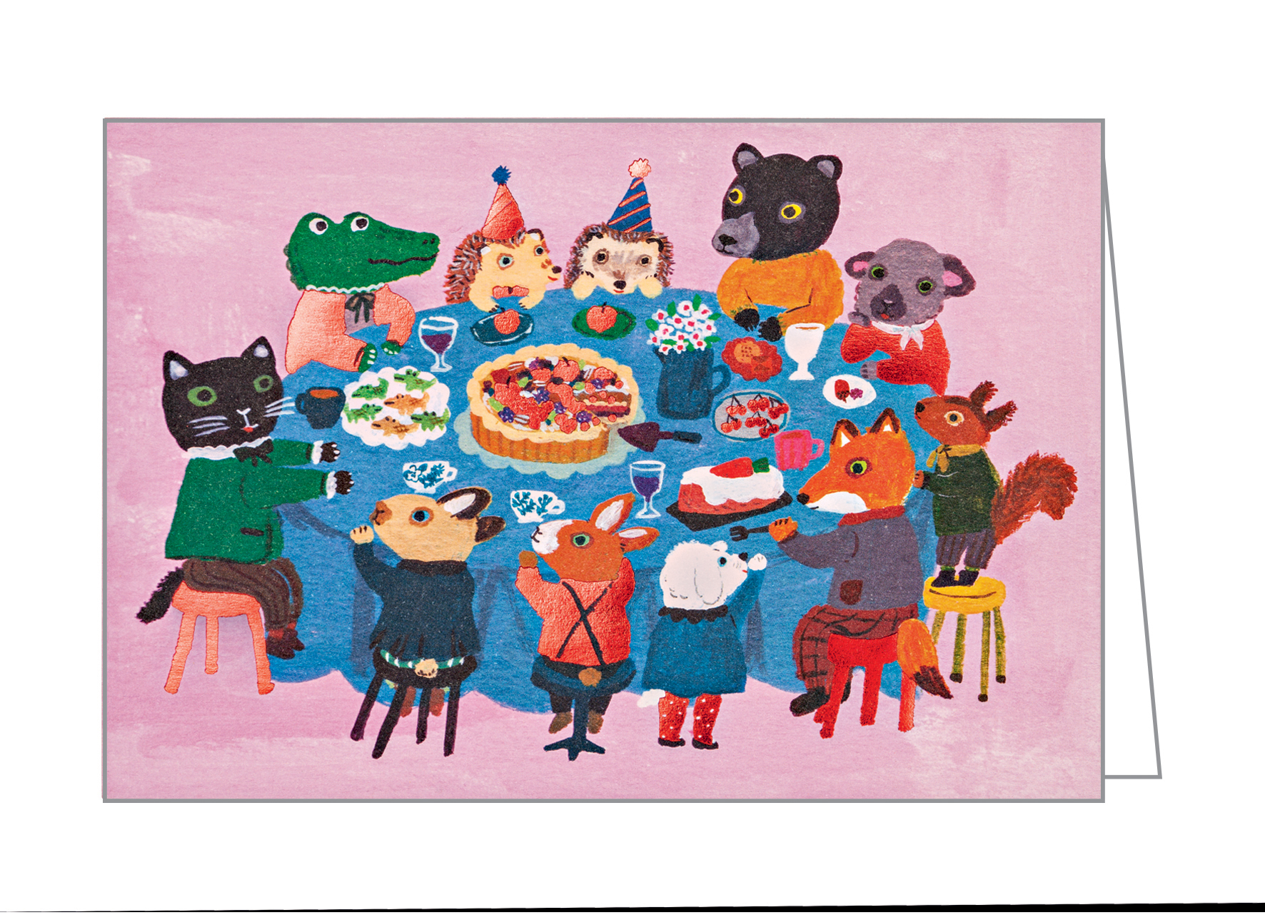 Yumi Kitagishi's sweet illustration of animal teaparty, on notecard, by teNeues stationery.