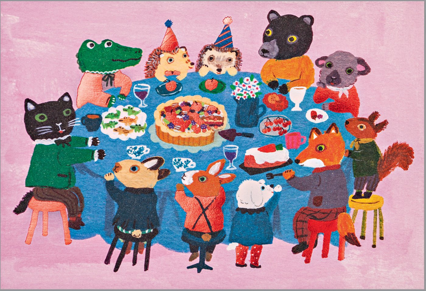 Yumi Kitagishi's sweet illustration of animal teaparty, on notecard, by teNeues stationery.
