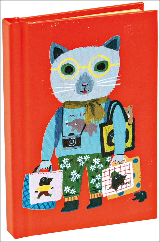 Bright red cover featuring a quirky illustration of a cat standing up in clothes holding multiple bags with moles on them