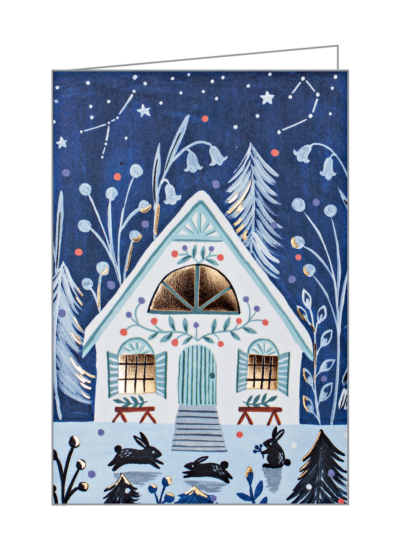Flora Waycott's winter cabin in snow with gold window, on notecard, by teNeues stationery.