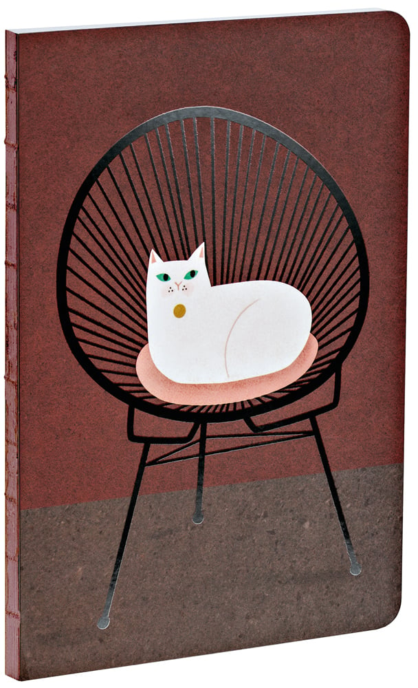 Striking illustration of a white cat with green eyes curled up on a modern designed black chair with a brown wall and floor