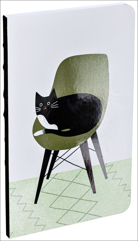 Illustration of black and white car sitting on an olive green modern chair
