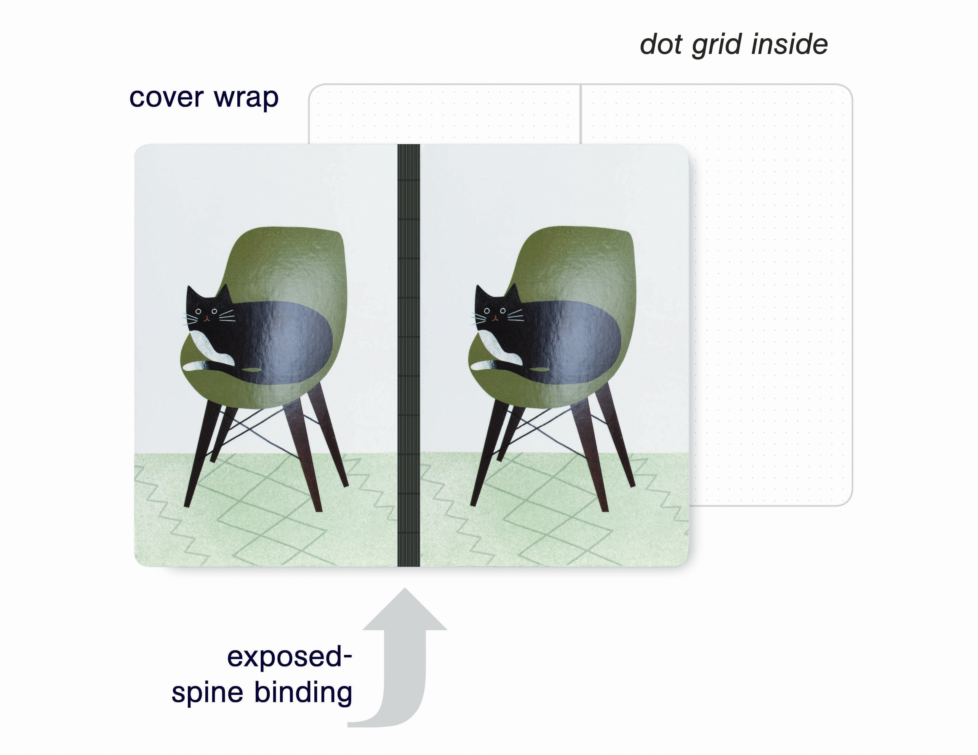 Illustration of black and white car sitting on an olive green modern chair