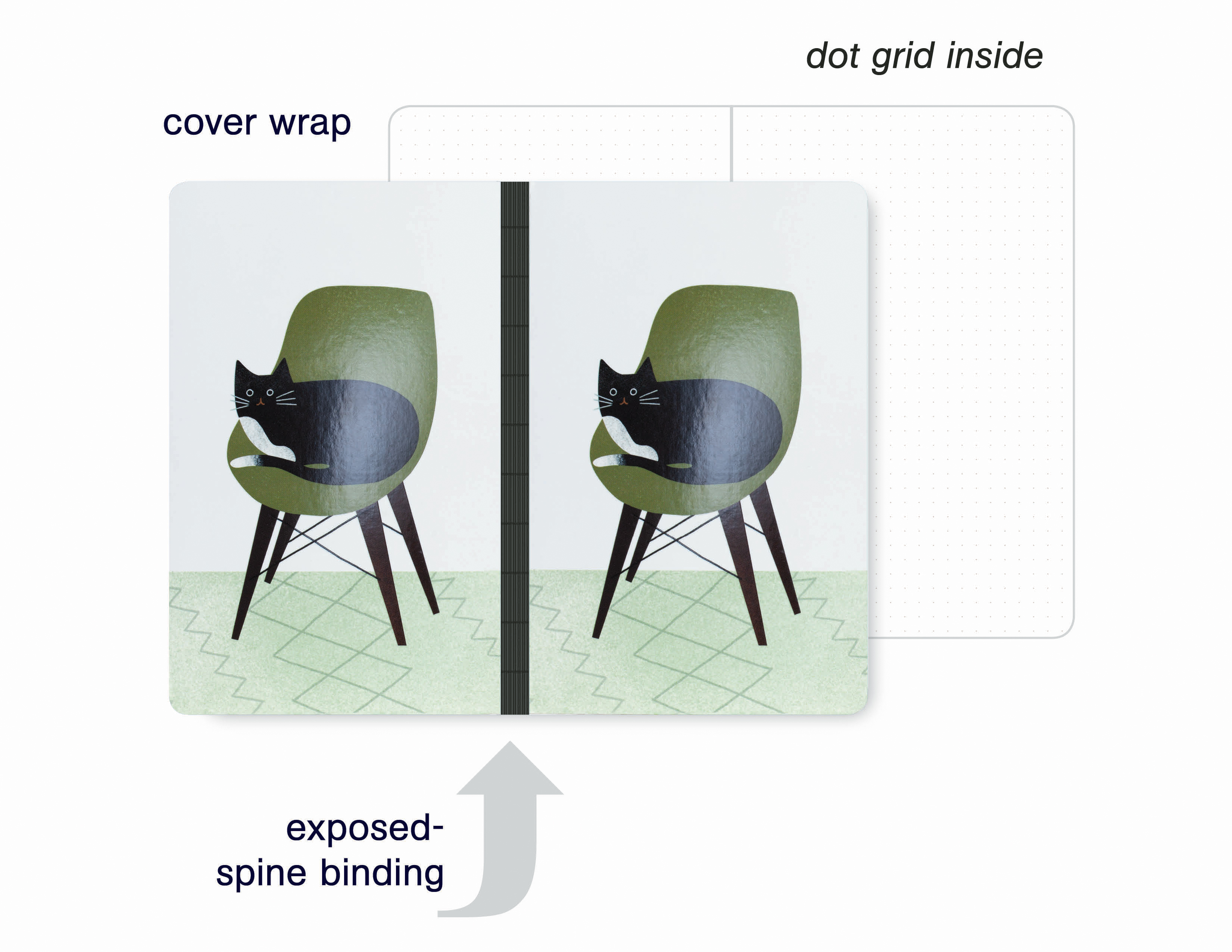 Clare Owen's black and white tuxedo cat sitting on chair design, to journal cover, by teNeues stationery.