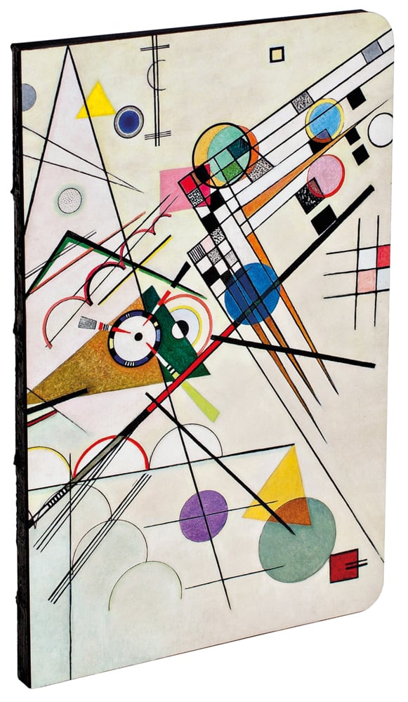 Colourful abstract painting by Kandinsky with black lines, circles and triangles