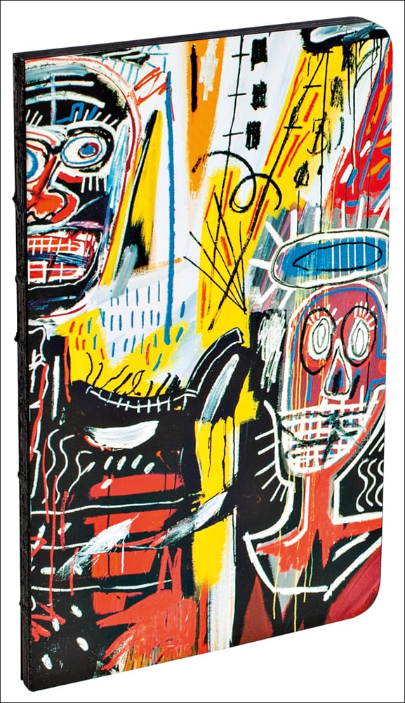 Jean-Michel Basquiat's Philistines painting features colourful graffiti like drawings of two heads with large eyes and mouth