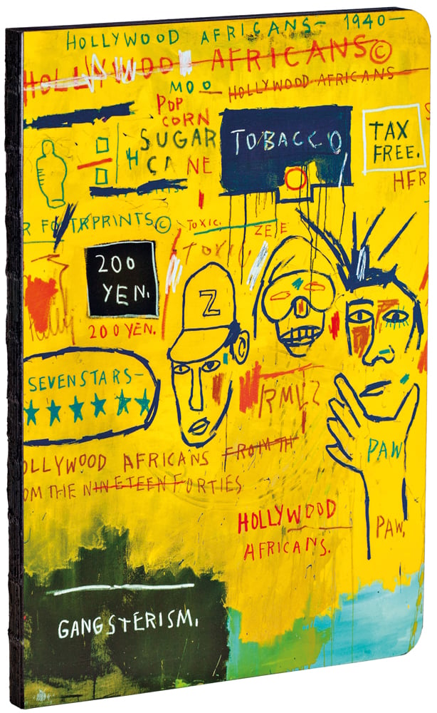 Bright yellow reproduction painting of Hollywood Africans featuring an expressive collection of graffiti doodles of peoples heads with hand written text