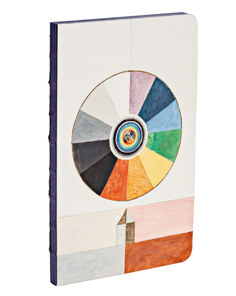 Abstract painting of a wheel with 12 sections of different colours above a house like shape with 4 blocks of pastel colours