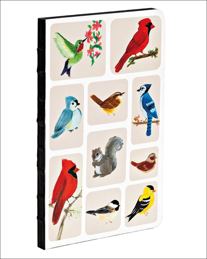 Allyn Howard's paintings of wild birds and a squirrel, to cover of journal, by teNeues stationery.
