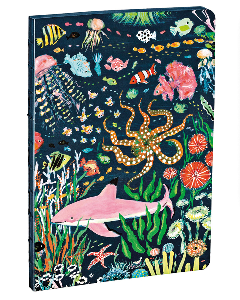 Colourful underwater illustration with a pink shark swimming amongst octopus, fish and sea plants on a dark blue background