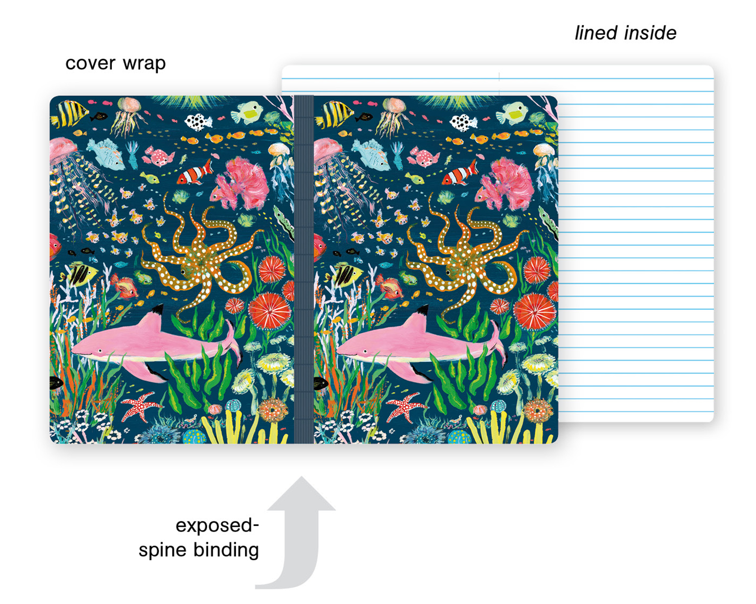 Colourful underwater scene with pink shark, to cover of A5 notebook, by teNeues stationery.