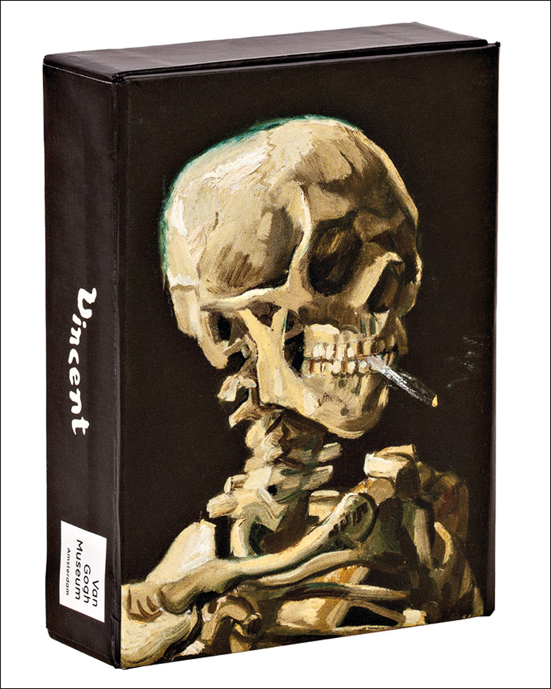 Print of 'Head of a Skeleton with a Burning Cigarette' by Vincent Van Gogh, on playing card box, by teNeues stationery.