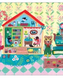 Notecard box of We Are Family QuickNotes, with a bear dressed in yellow striped dungarees, next to house with two moles sitting in chairs. Published by teNeues Stationery.