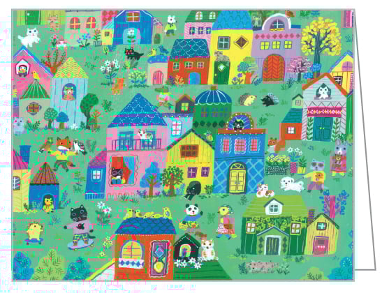 Notecard box of We Are Family QuickNotes, with a bear dressed in yellow striped dungarees, next to house with two moles sitting in chairs. Published by teNeues Stationery.