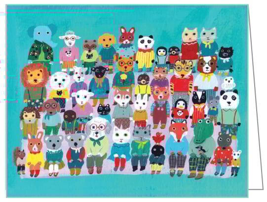 Notecard box of We Are Family QuickNotes, with a bear dressed in yellow striped dungarees, next to house with two moles sitting in chairs. Published by teNeues Stationery.