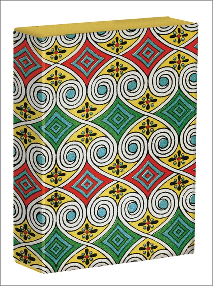 Albert Racinet colour print with yellow, green and red diamond shapes edged with white swirls, covering card box