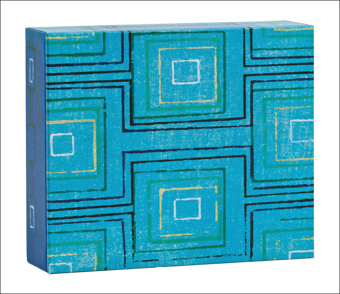 Bright blue square design in black, gold, green and white, by Japanese artist Furuya Korin, on teNeues notecard box.