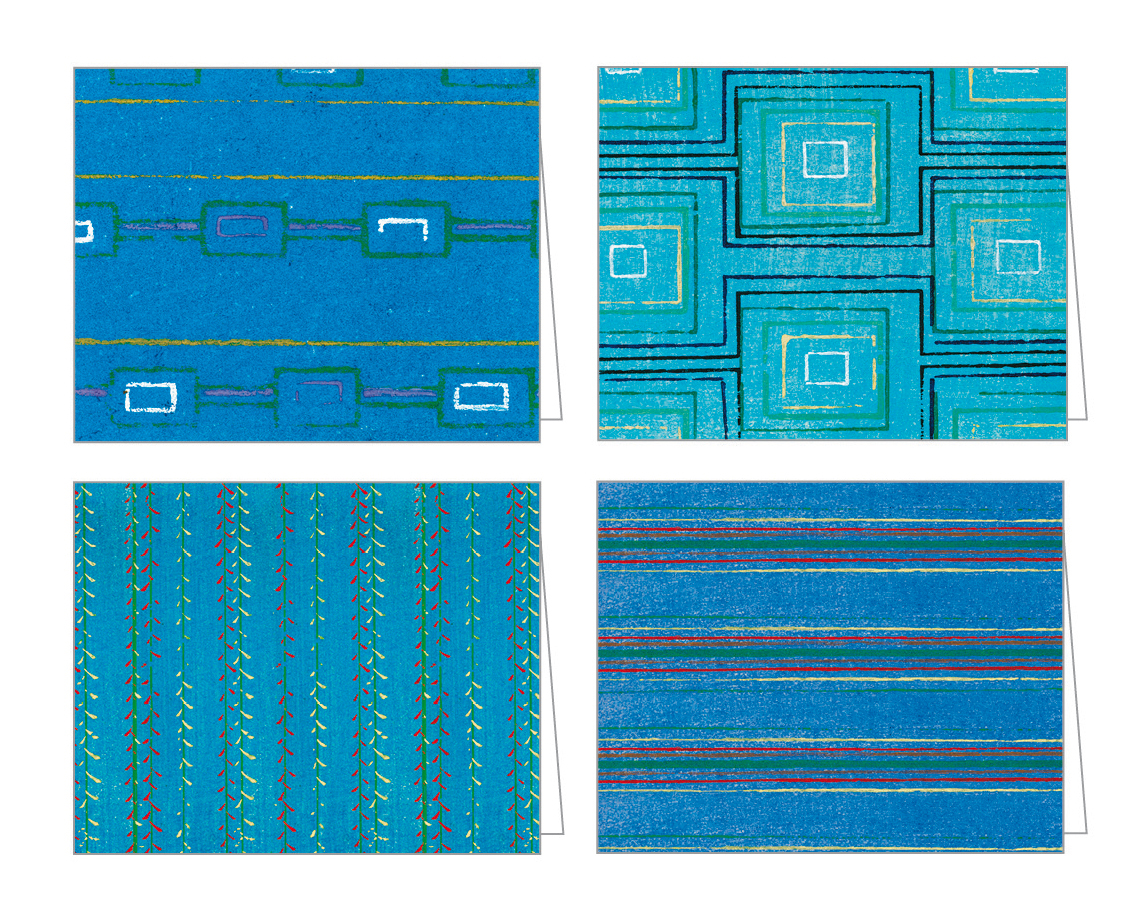 Bright blue print by Japanese artist Furuya Korin with square design in black, gold, green and white