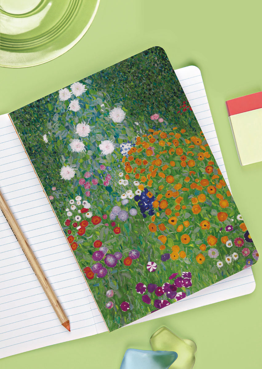 Gustav Klimt's Flower Garden painting covering notebook with orange edges, by teNeues stationery.
