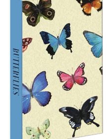 teNeues stationery pen set, sleek cigarette-case style box, collection of colourful butterflies to front of beige cover.