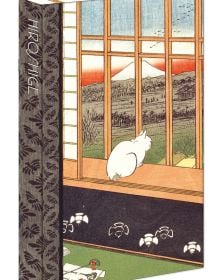 Pen case of Ricefields and Torinomachi Festival- Hiroshige 8-Pen Set, featuring artwork by Utagawa Hiroshige, with white cat looking out of window onto a mountainous landscape. Published by teNeues Stationery.