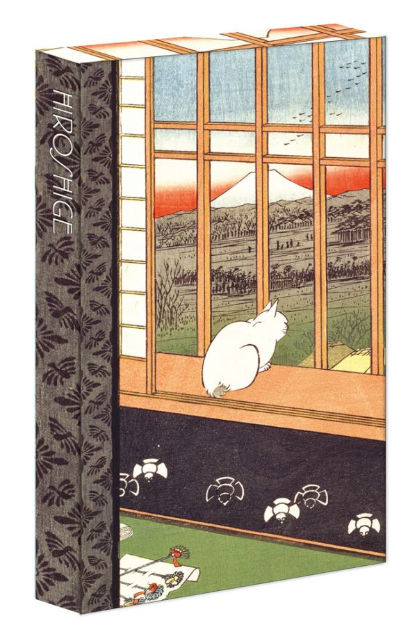 Pen case of Ricefields and Torinomachi Festival- Hiroshige 8-Pen Set, featuring artwork by Utagawa Hiroshige, with white cat looking out of window onto a mountainous landscape. Published by teNeues Stationery.