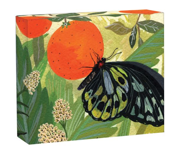 Notecard box of Butterflies QuickNotes, featuring a watercolour of butterfly on orange fruit, hanging from tree. Published by teNeues Stationery.