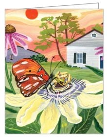 Watercolour of butterfly on orange fruit, hanging from tree, on keepsake box, by teNeues Stationery.