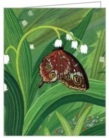 Watercolour of butterfly on orange fruit, hanging from tree, on keepsake box, by teNeues Stationery.